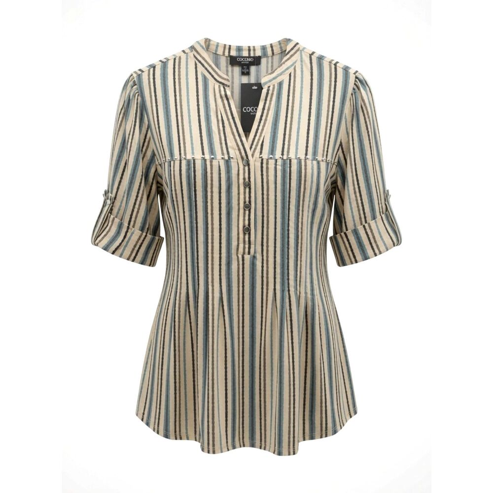 Cocomo Women's Plus Size 1X Cream Multi Striped Print Short Sleeve Top